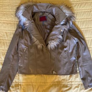 Womens Juniors| Detachable Fur Light Brown Faux Leather Moto Jacket| Size: XL